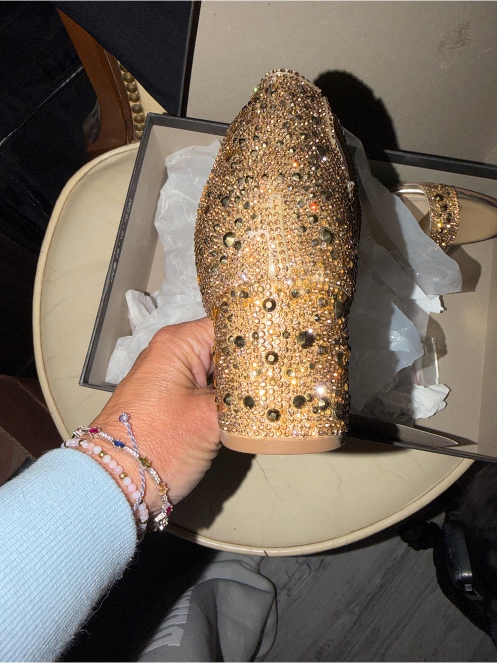 Betsey Johnson Gold Beaded Ankle-Strap Block Heels - Picture 7 of 7